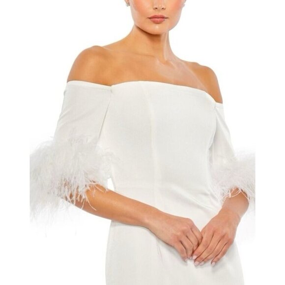 MAC DUGGAL Size 6 White 11441 Feather Off The Shoulder Gown Dress Wedding Bride - Picture 3 of 12